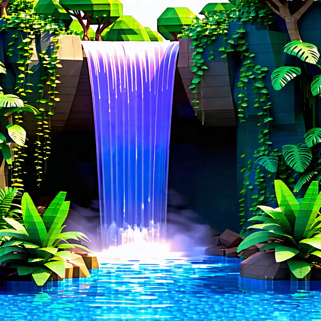 Nature Low Poly: Waterfall Pool Surrounded By Lush Vegetation With Computer-generated Animation