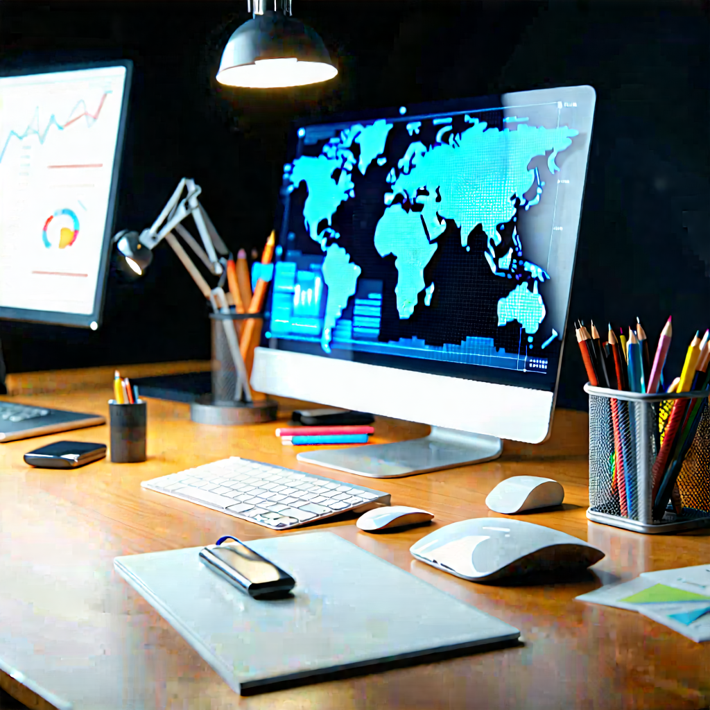 Business Digital Art: Workplace with productivity tools on desk