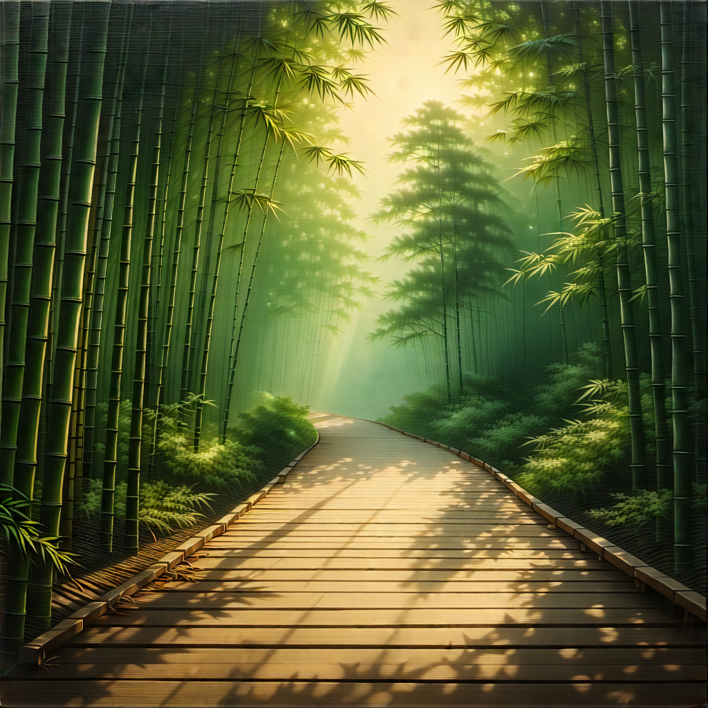 Nature Etching: Path Through Bamboo Grove With Serene Forest