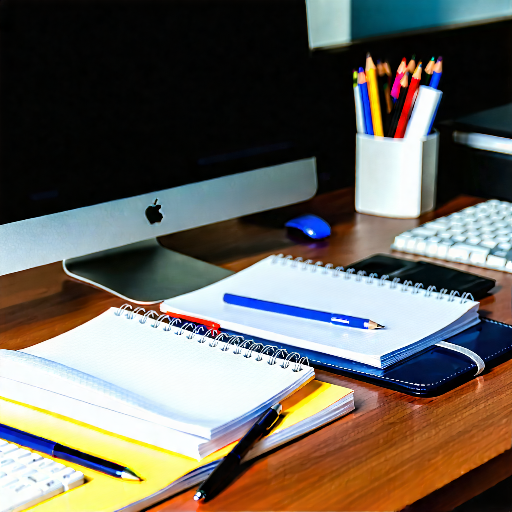 Business Hdr Photography: Workplace With Notebooks And Pens On Desk With Wooden Desk