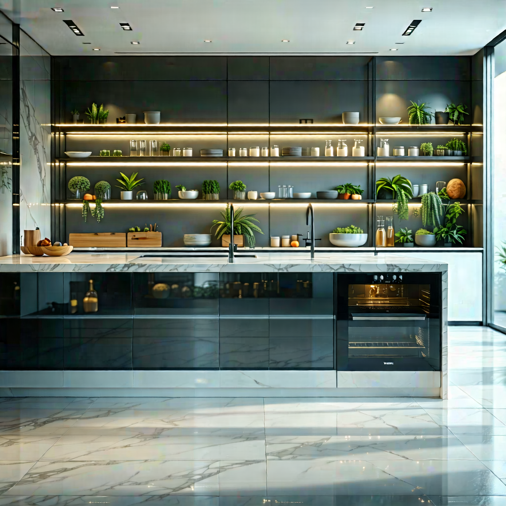 Lifestyle Stock Photography: Modern Kitchen With Organized Space With Showcases Large,