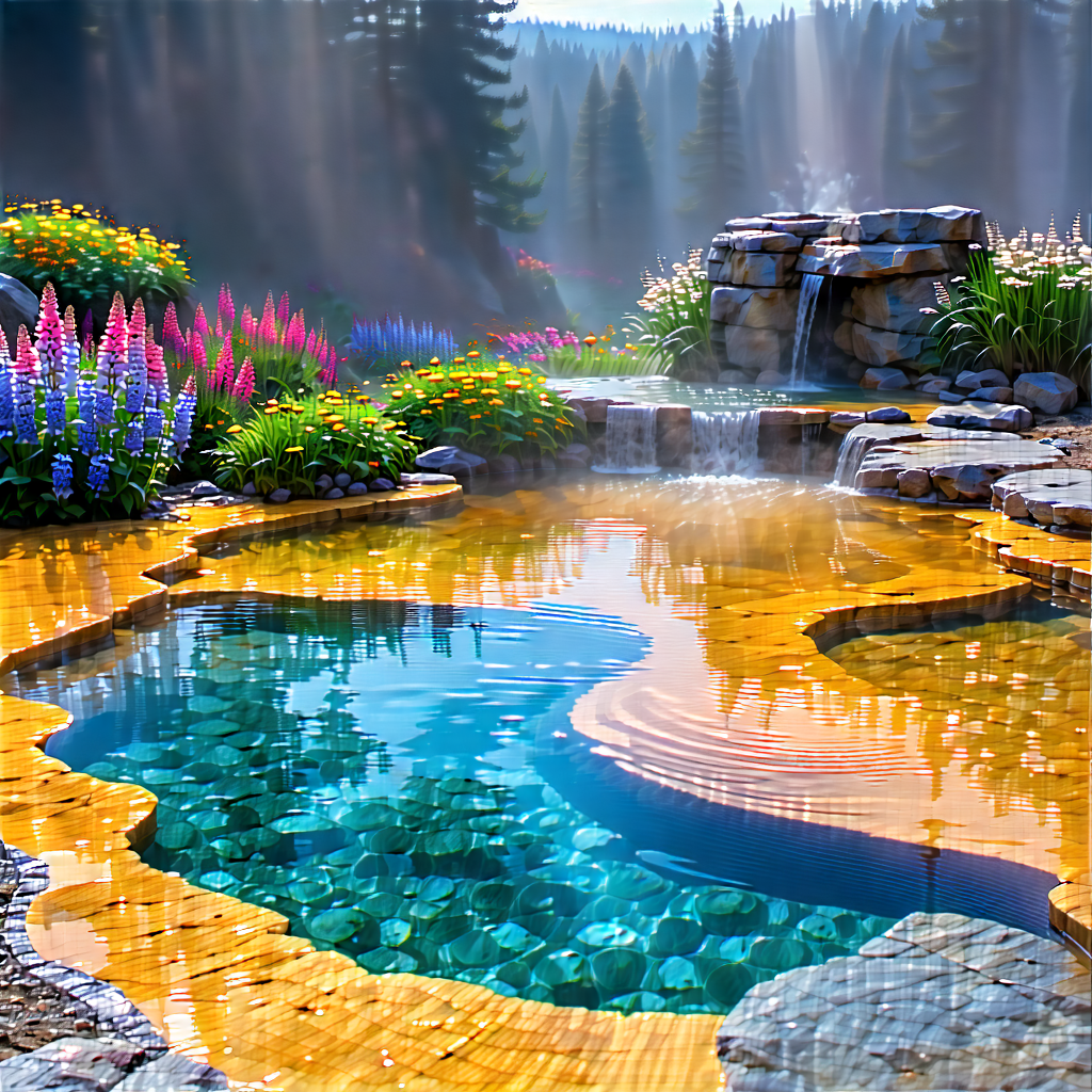 Nature Lithograph: Hot Spring Surrounded By Wildflowers With Image, There