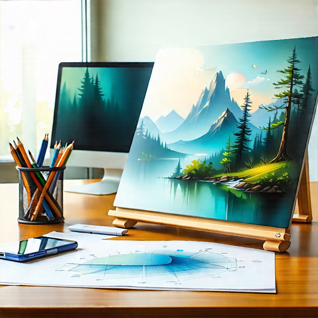 Business Pastel Drawing: Workplace with digital devices on desk