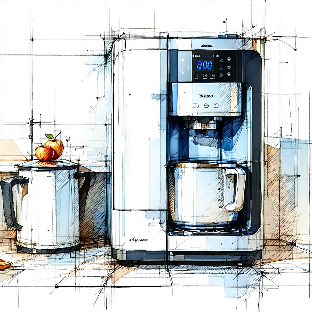 Tech Ink Drawing: Innovative Smart Appliance Design With Kitchen Scene