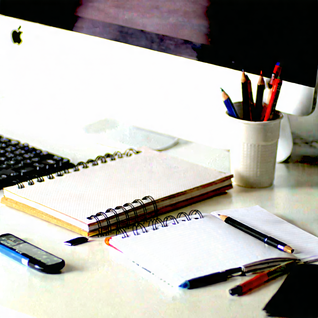 Business Tilt-Shift Photography: Workplace with notebooks and pens on desk
