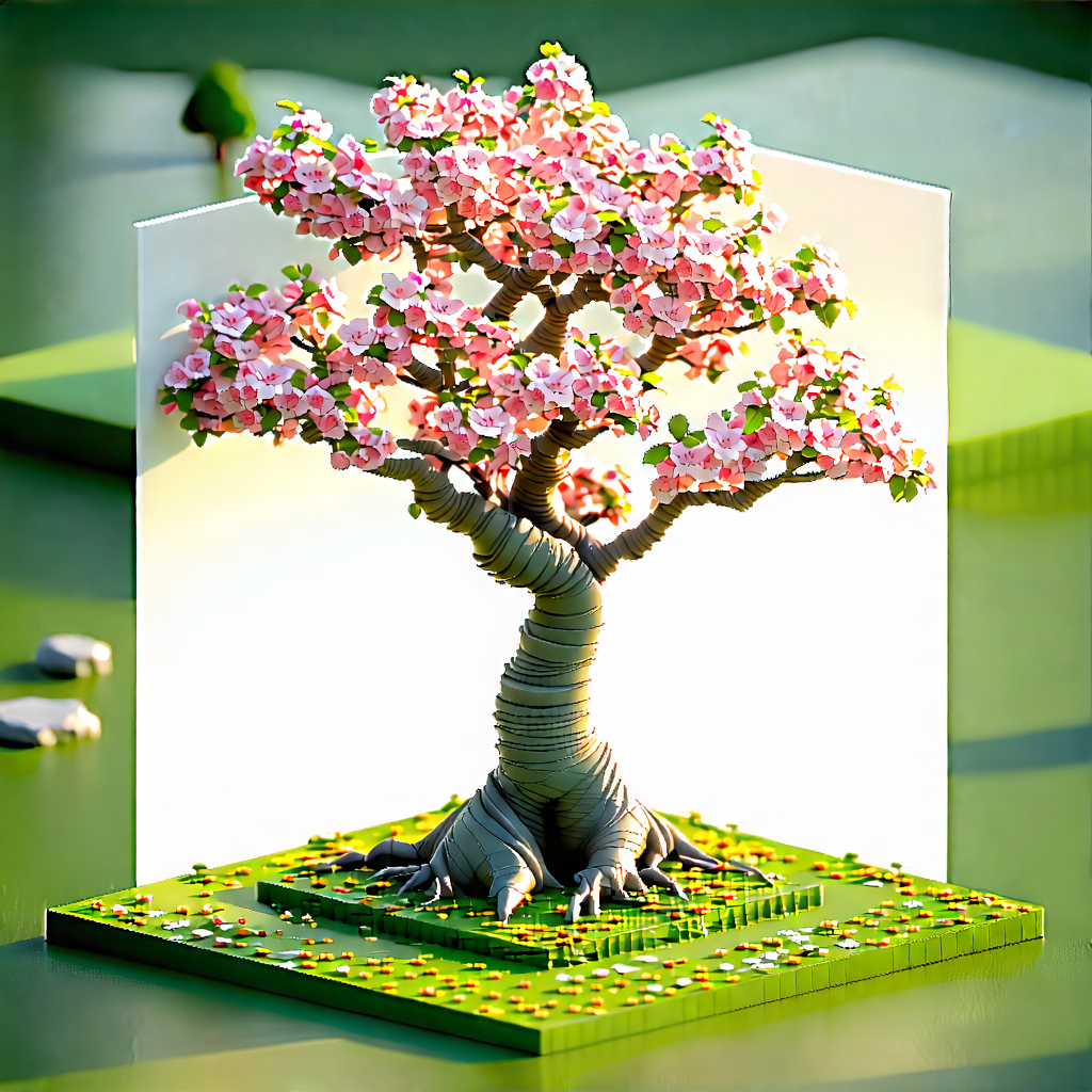 Nature Isometric Design: Ancient Tree In Spring Bloom With Small Tree