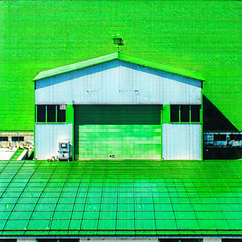 Urban Acrylic Painting: Converted Warehouse With Green Rooftop With Large Building