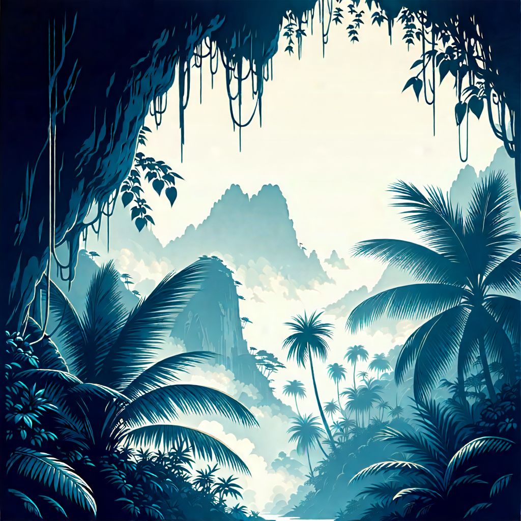Nature Linocut Print: Tropical Plants In Misty Environment With Image, There