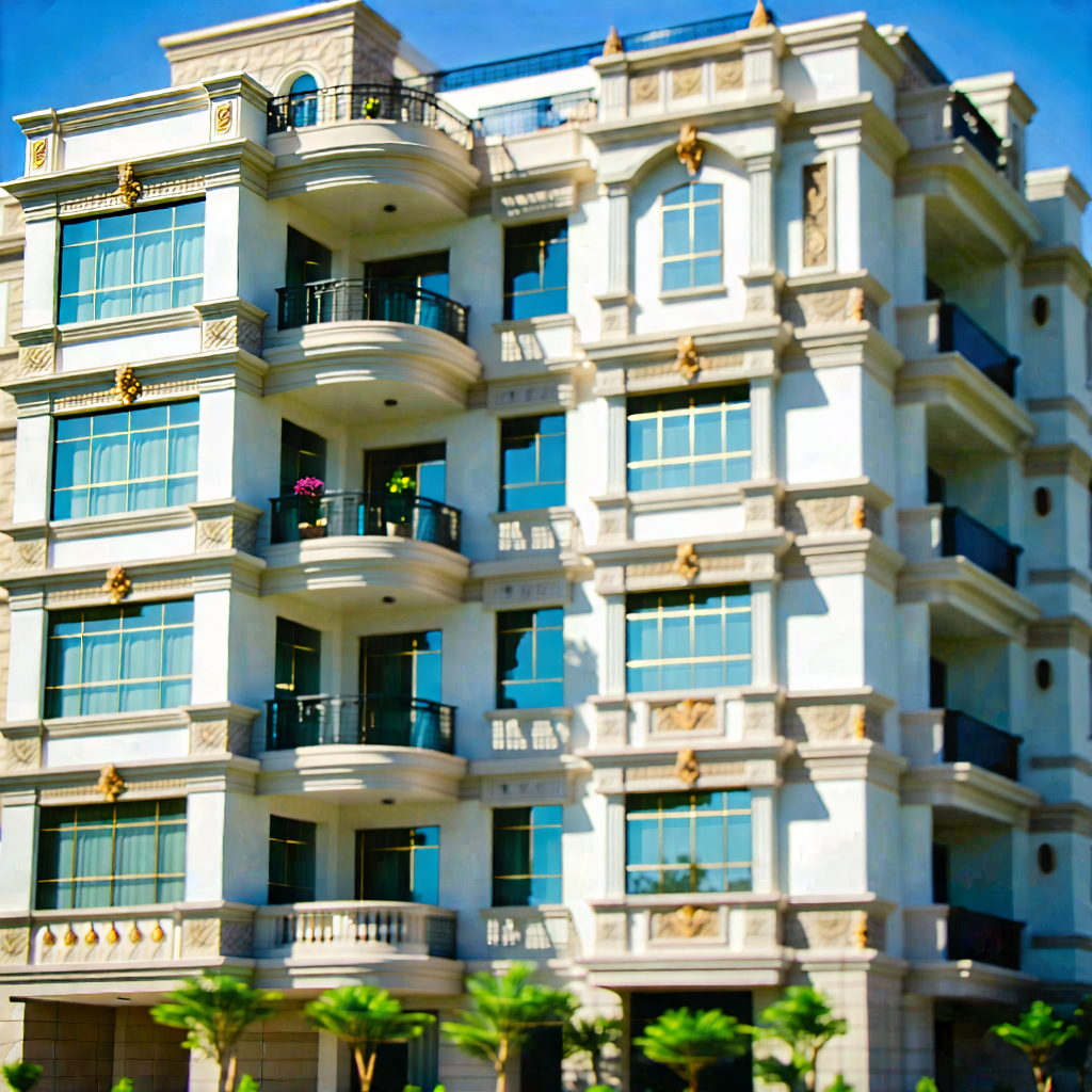 Urban Editorial Photography: (modern:1.34) Apartment Complex With Ornate Details With Large White