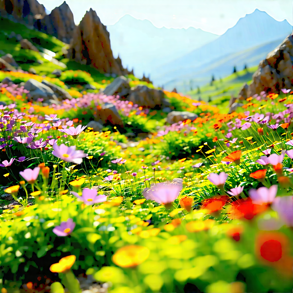 Nature Tilt-shift Photography: Wildflowers In Rocky Terrain With Beautiful, Colorful