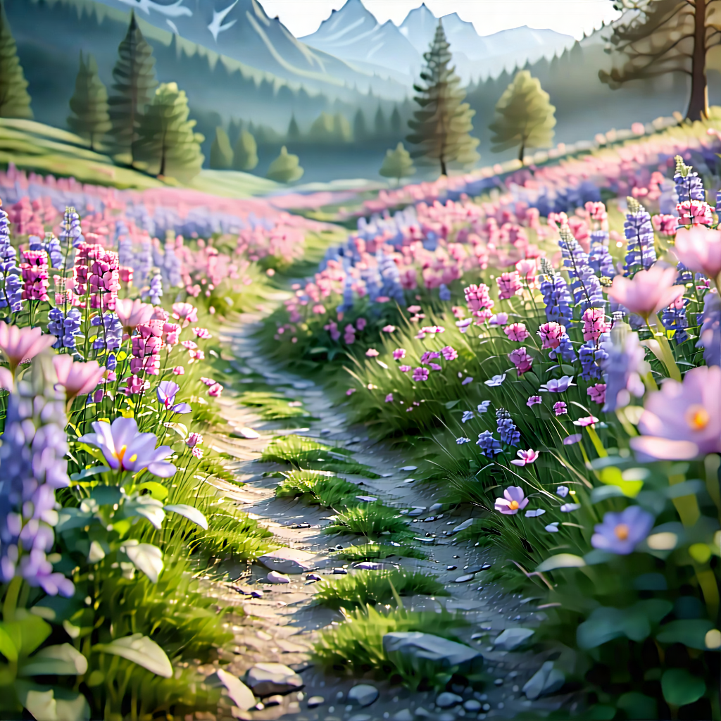 Nature Octane Render: Path Through Flowering Meadow With Painting Beautiful