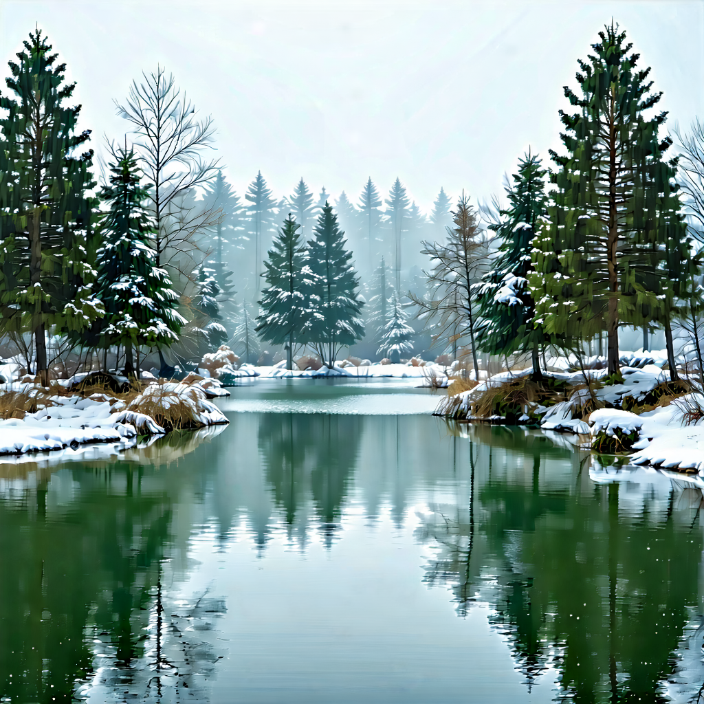 Nature Minimalist Design: Tranquil Pond Surrounded By Snow-covered Trees With Image, There