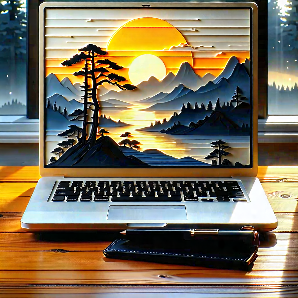 Tech Woodcut Print: Laptop With Digital Artwork With Laptop Computer