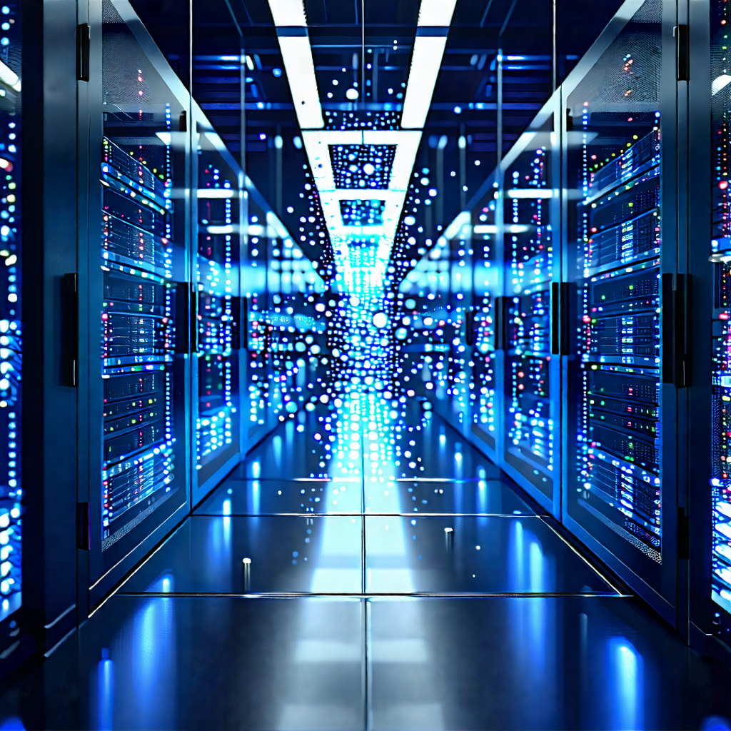 Tech Digital Illustration: Server rack with digital particles