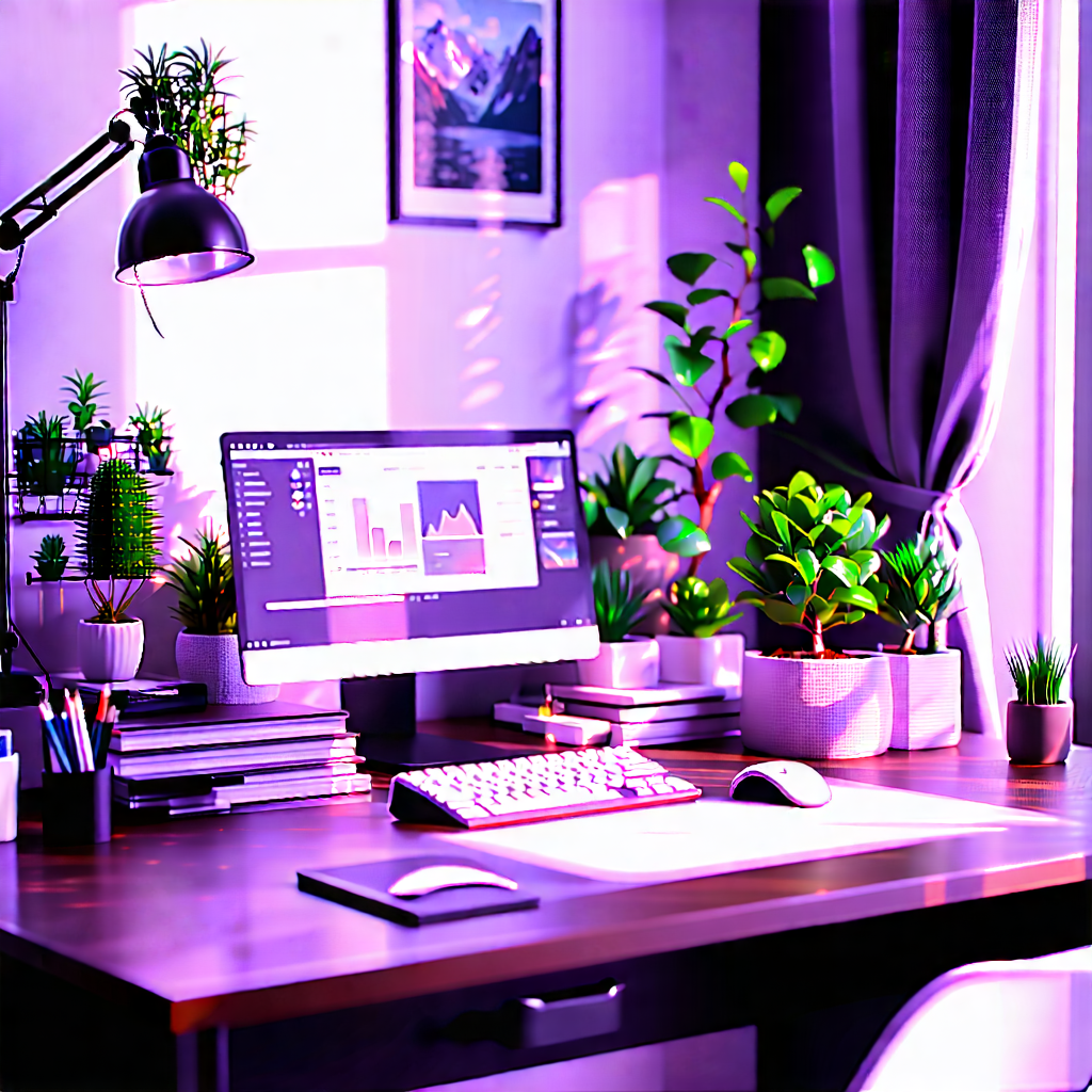 Lifestyle Tilt-shift Photography: Home Office With Plants And Natural Elements With Purple-lit Room