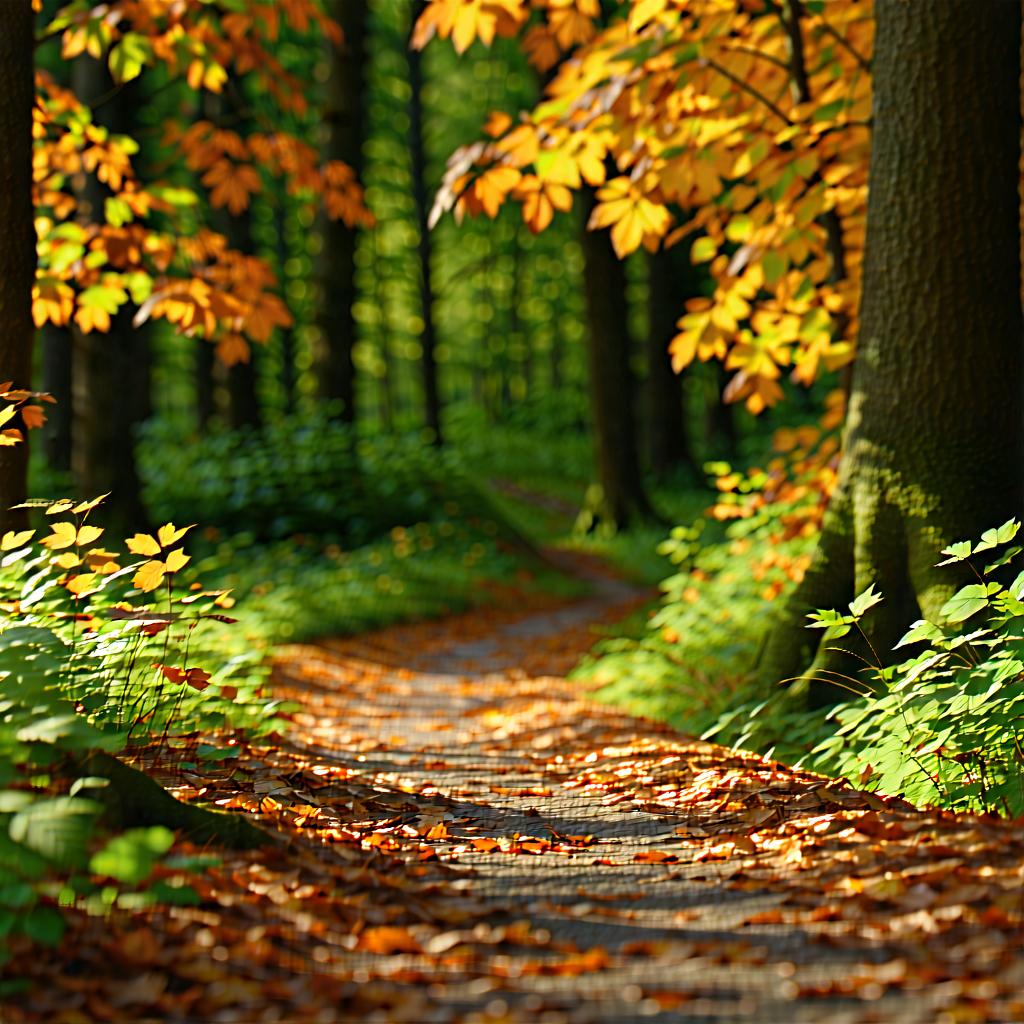 Nature Product Photography: Path Through Autumn Woodland With Beautiful Forest