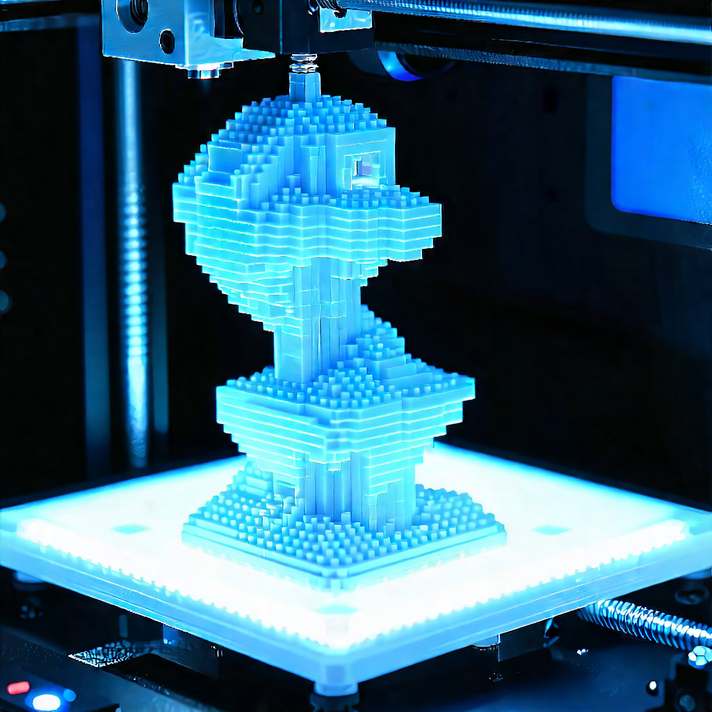 Tech Voxel Art: 3d printer with blue light glow