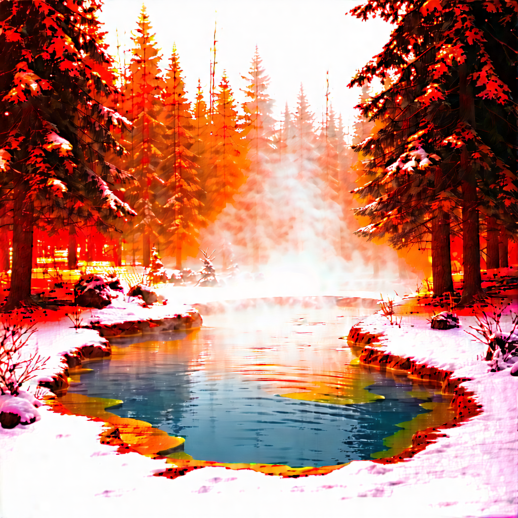 Nature Pencil Sketch: Hot Spring Surrounded By Snow-covered Trees With Image, There