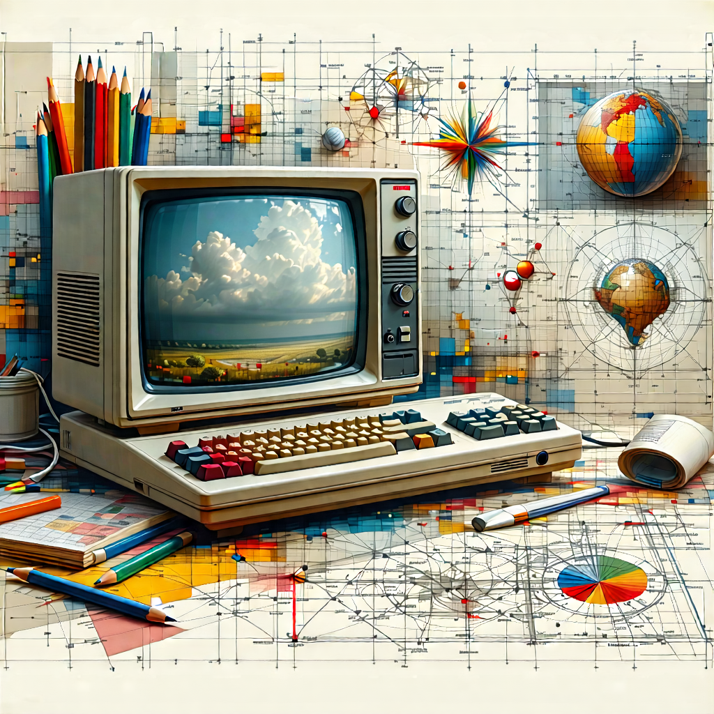 Tech Lithograph: Educational Technology In (design:1.23) Studio With Painting Computer