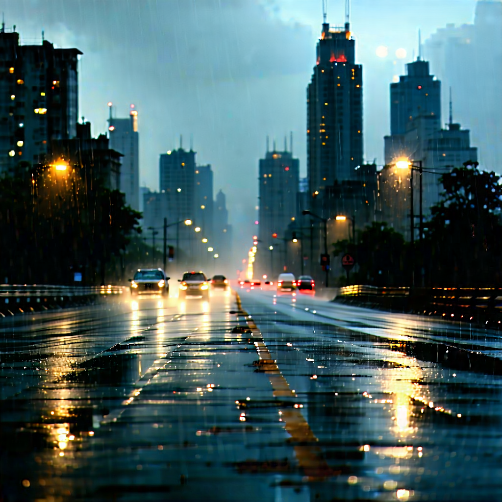 Urban Editorial Photography: Cityscape of urban skyline during rainy evening