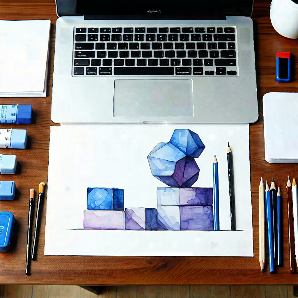 Business Gouache Painting: Workplace With Productivity Tools On Desk With Laptop Computer
