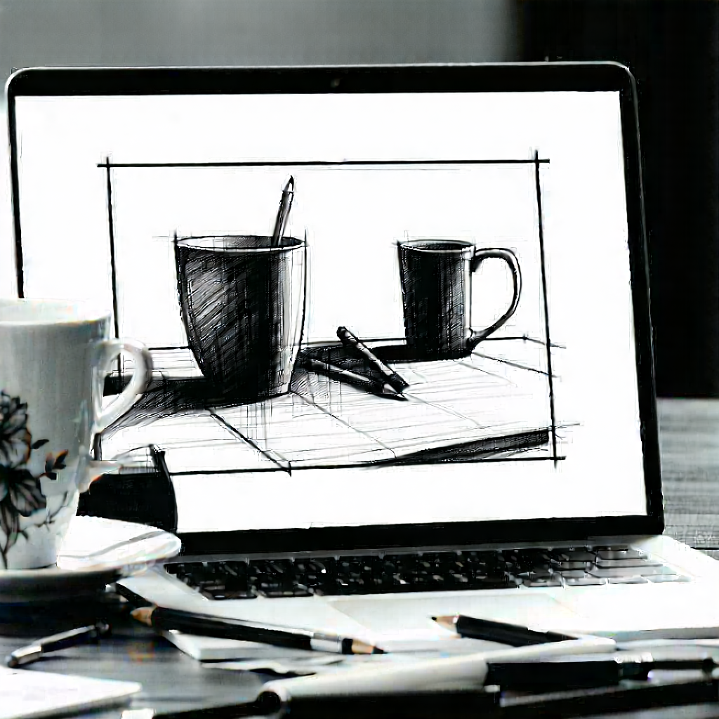 Business Charcoal Drawing: Workplace With Laptop And Coffee On Desk With Laptop Computer