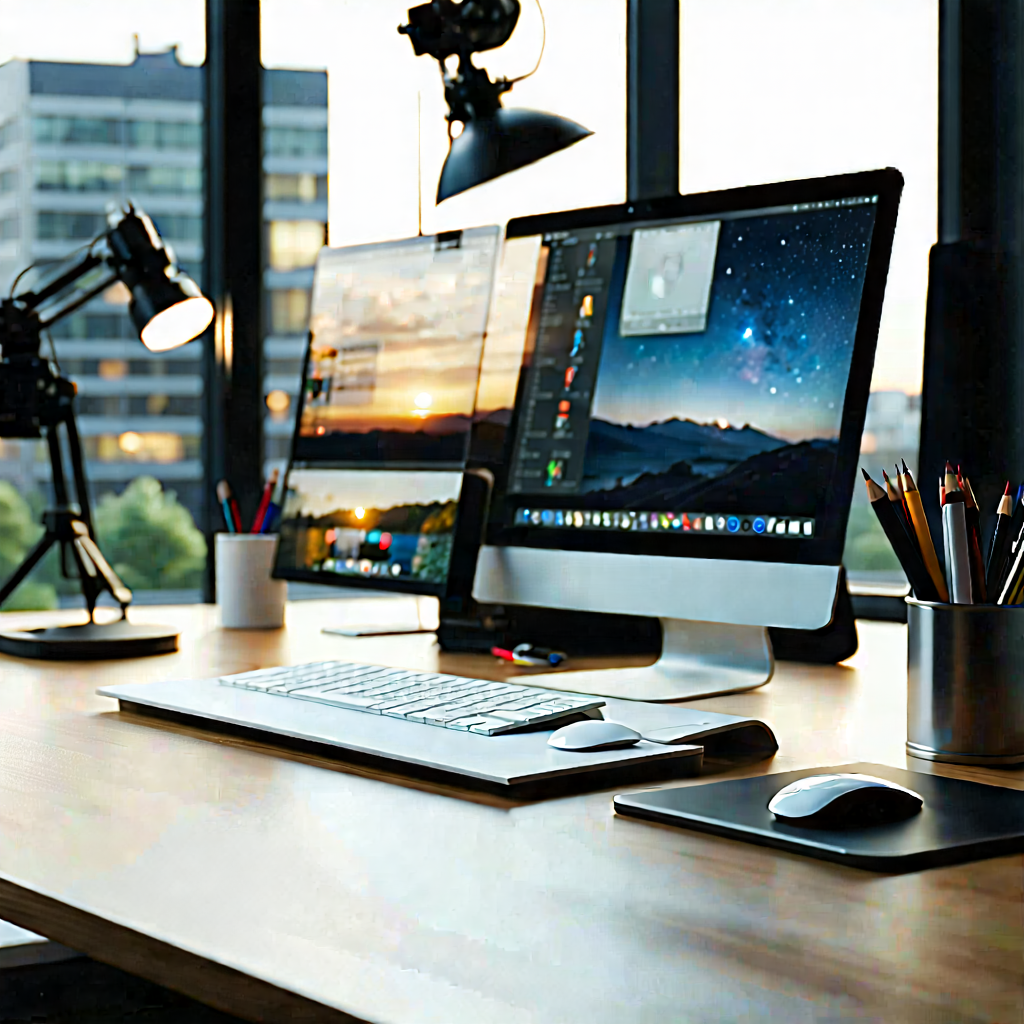 Business Product Photography: Workplace With (digital:1.47) Devices On Desk With Wooden Desk