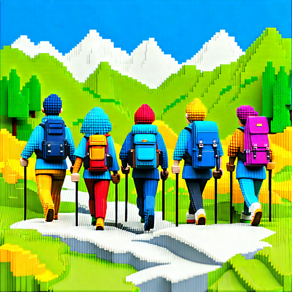 Lifestyle Voxel Art: Hiking group with diverse friends
