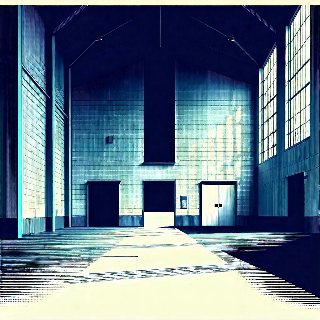 Urban Linocut Print: Converted warehouse with (minimalist:1.25) design