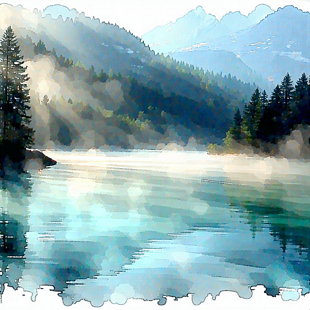 Nature Watercolor Painting: (mist:1.48) Over Alpine Lake With Serene Mountain