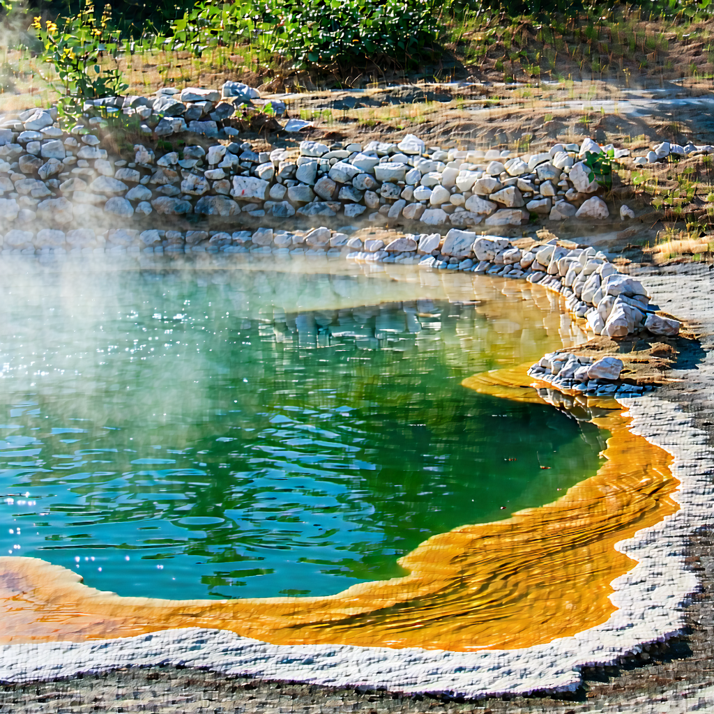 Nature Professional Photography: Hot Spring Surrounded By Rocky Shores With Large, Round,