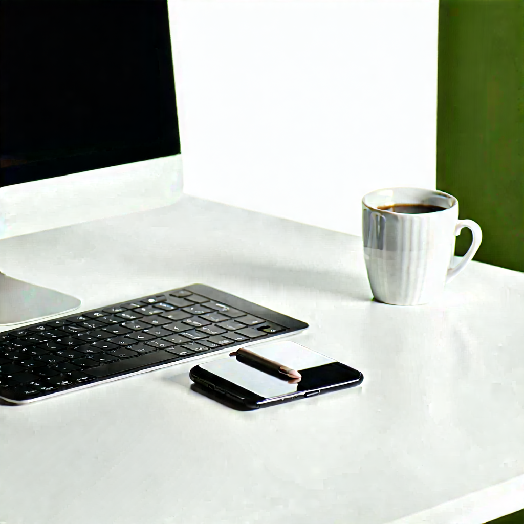 Business Commercial Photography: Workplace With Laptop And Coffee On Desk With White Desk