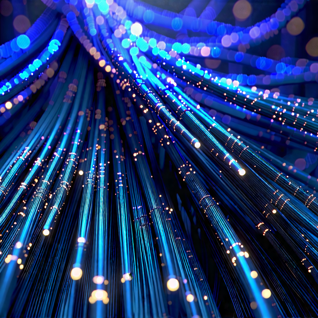 Tech Voxel Art: Close-up Of Fiber Optic Cables With Blue Light