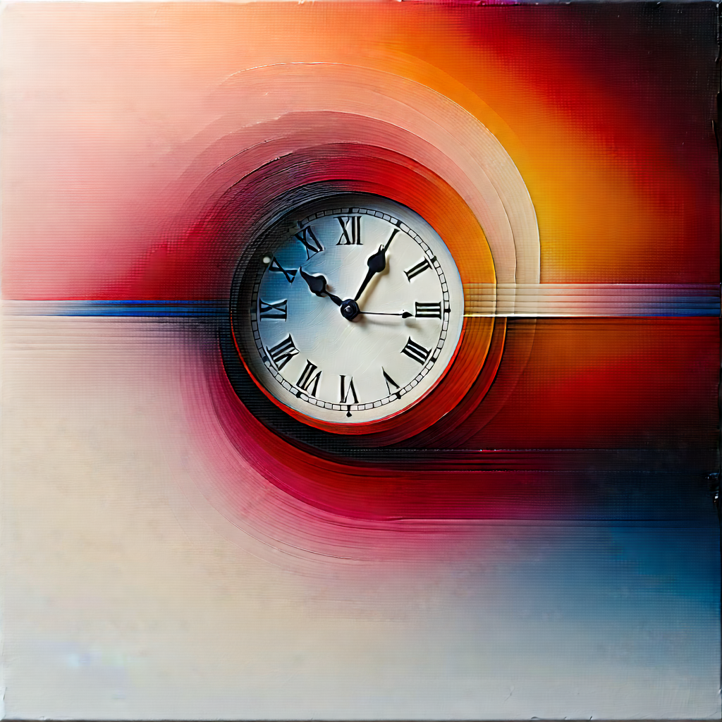 Abstract Encaustic Painting: Conceptual Representation Of Time With Clock Displayed