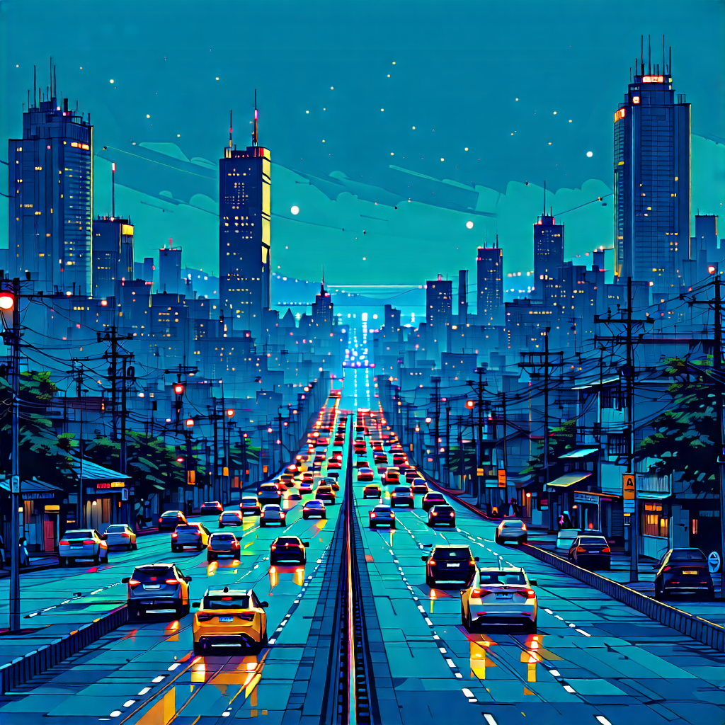 Urban Blueprint Style: Cityscape Of Coastal City During Rush Hour With Colorful, Artistic