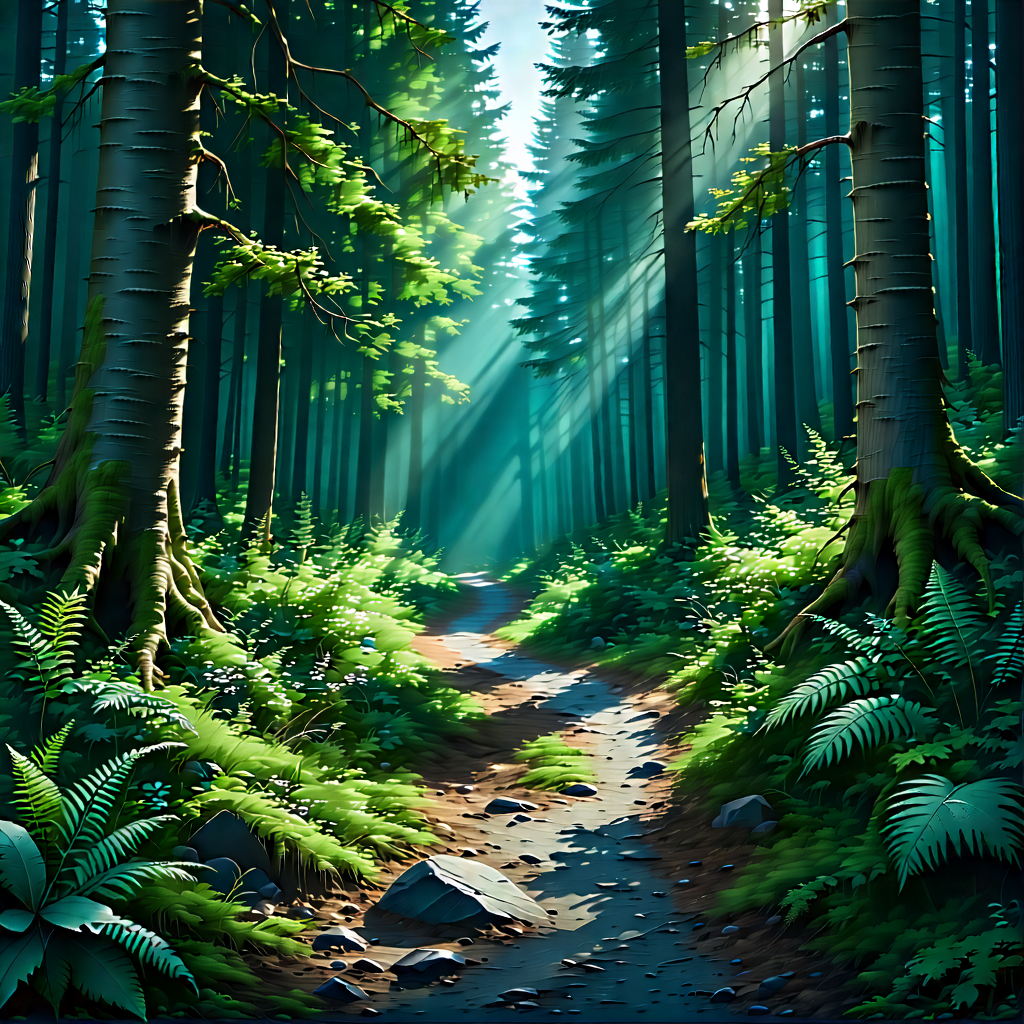 Nature Digital Illustration: Path Through Dense Forest With Image, There