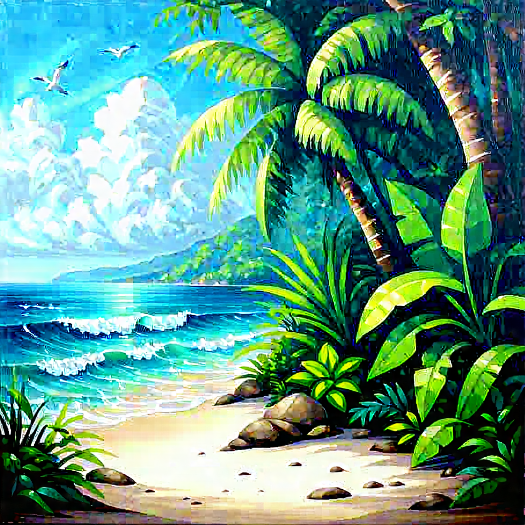 Nature Acrylic Painting: Tropical Plants In Coastal Environment With Painting Tropical
