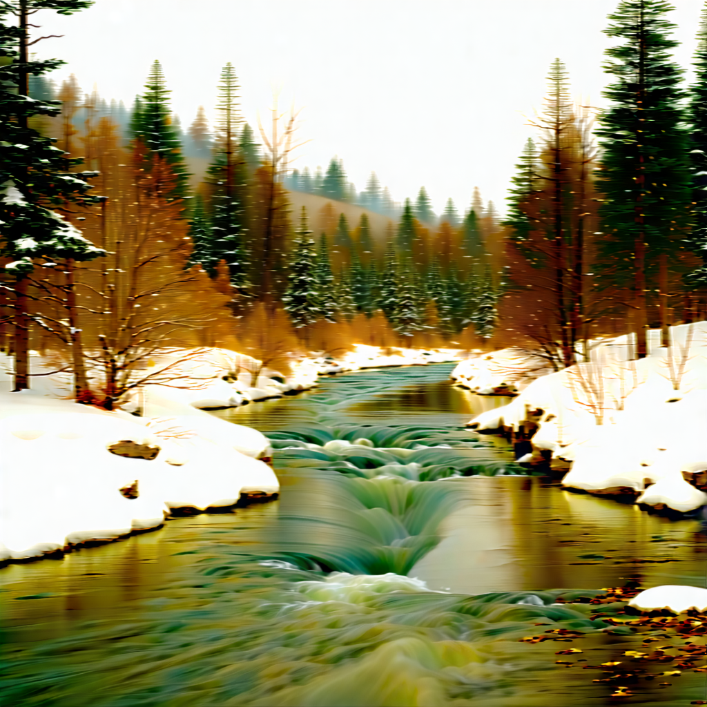 Nature Minimalist Design: Rushing River Surrounded By (snow:1.18)-covered Trees With Serene Scene