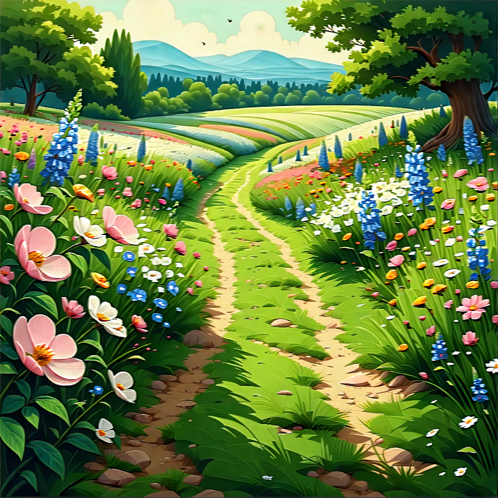 Nature Vector Art: Path Through Flowering Meadow With Beautiful, Lush