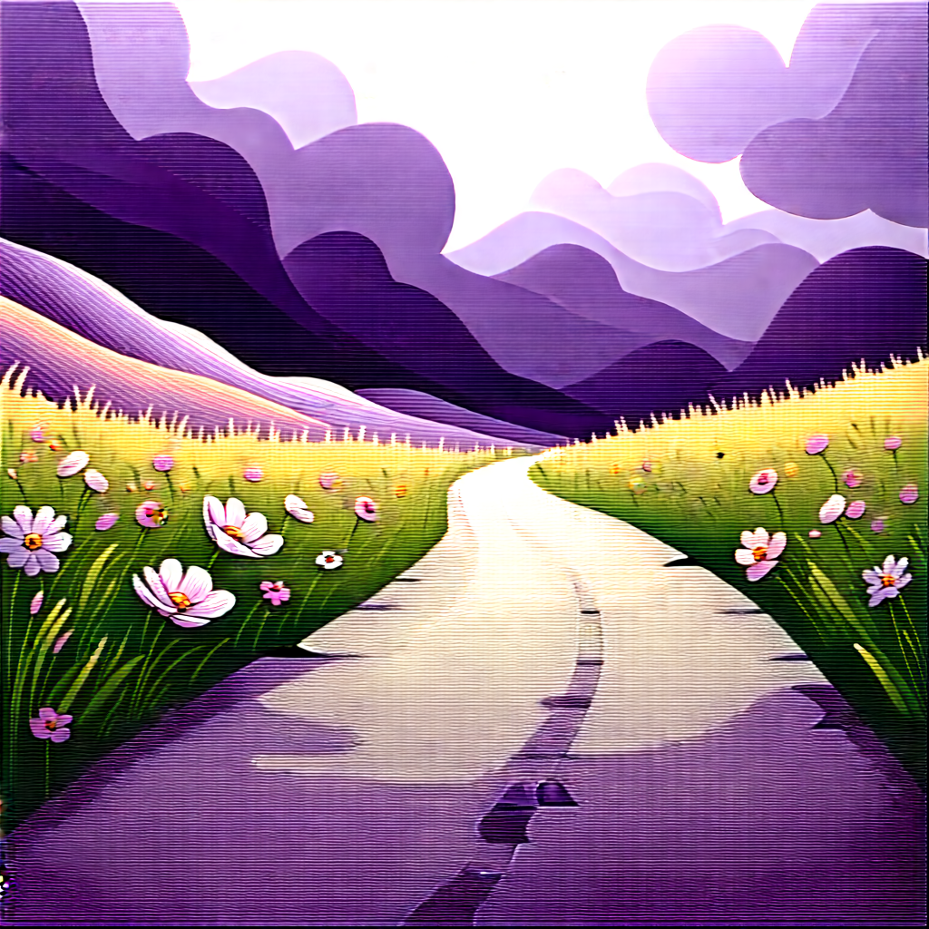 Nature Ink Drawing: Path Through Flowering Meadow With Beautiful, Grassy