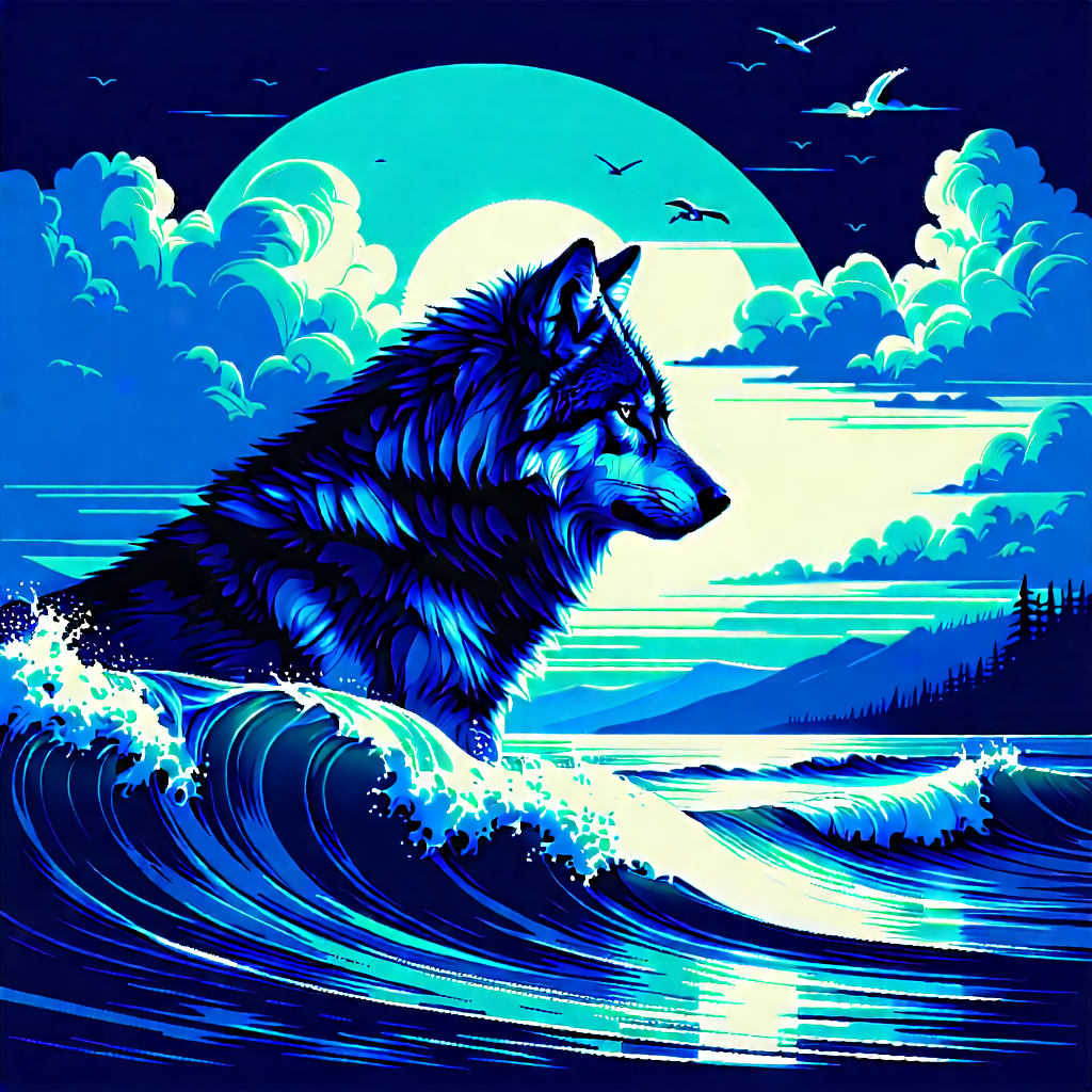Nature Linocut Print: Wolf In Ocean Waters With Wolf Standing