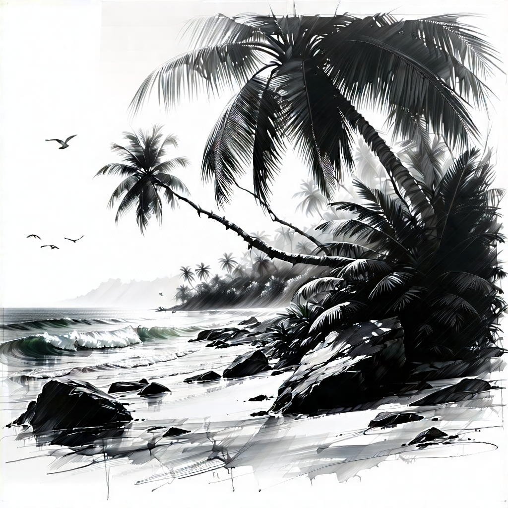 Nature Charcoal Drawing: Tropical Plants In Coastal Environment With Black White