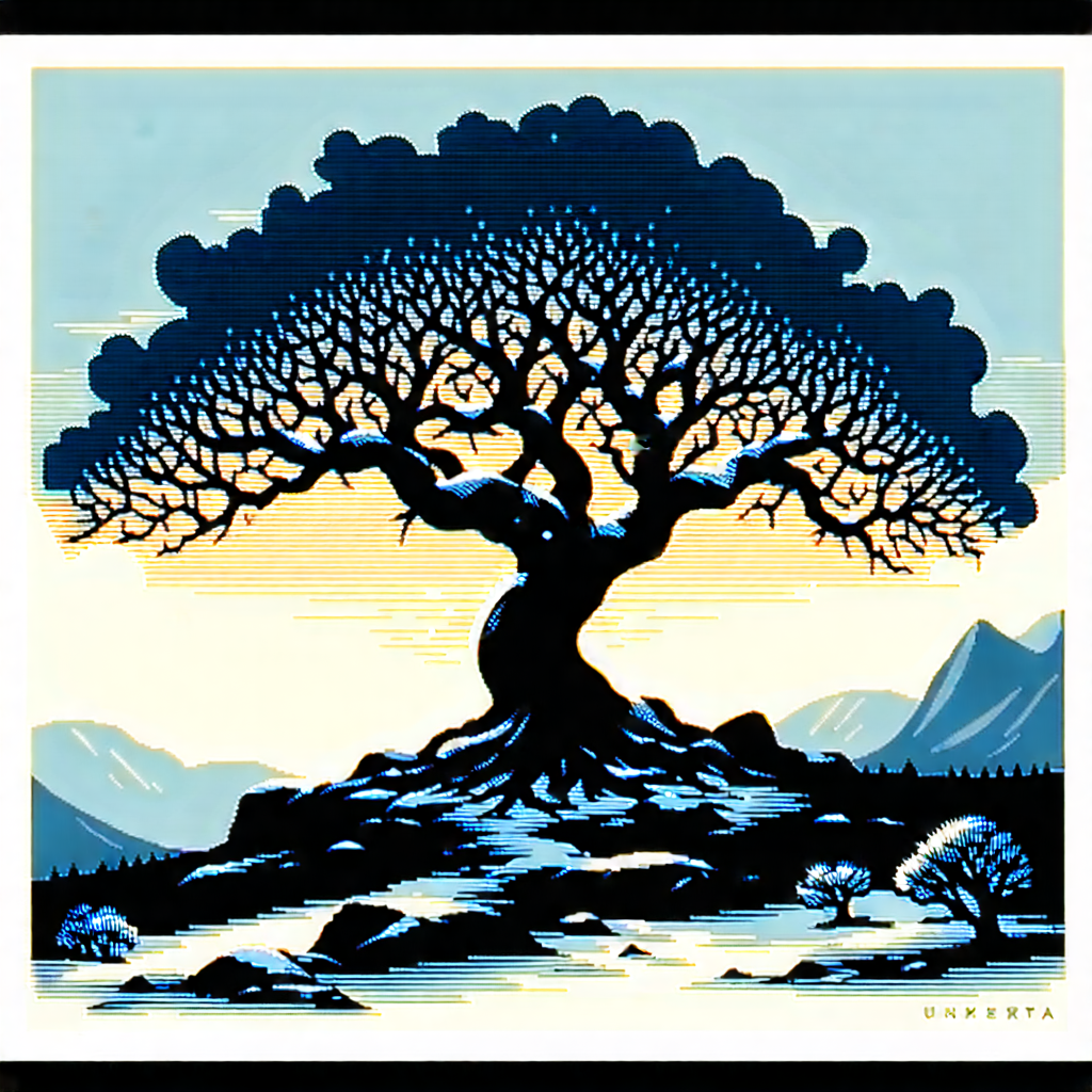 Nature Linocut Print: Ancient Tree In Winter Snow With Large Tree