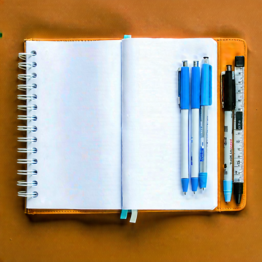 Business Advertising Photography: Workplace With Notebooks And Pens On Desk With Notebook Open