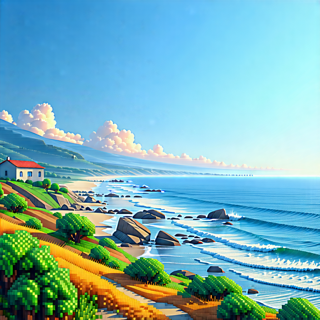 Nature Low Poly: Clear Sky Over Coastline With Painting Beach