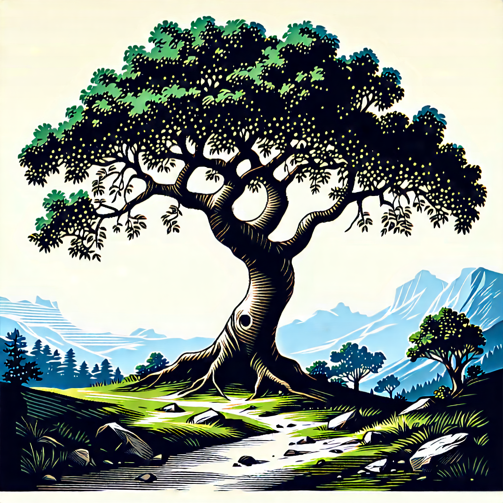 Nature Woodcut Print: Ancient Tree In Natural Setting With Large Tree