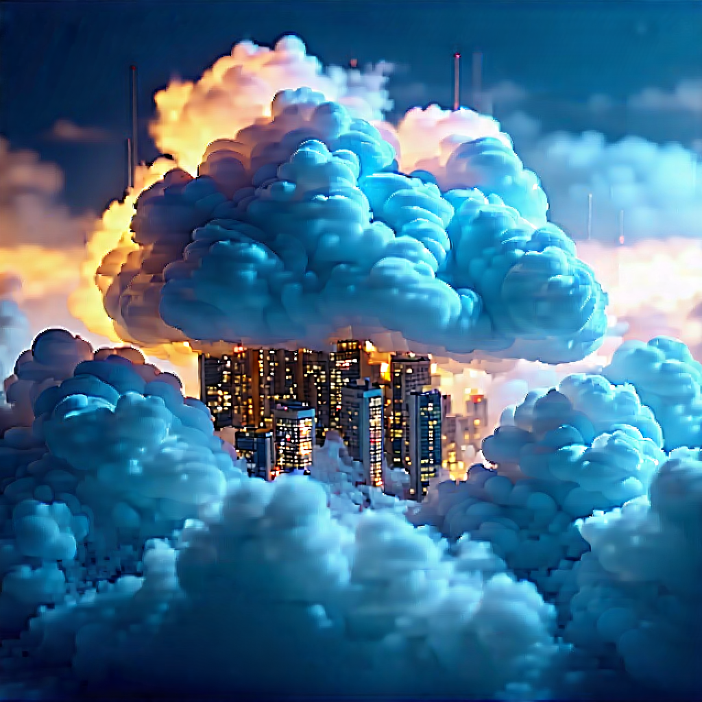 Tech Stock Photography: (cloud:1.13) Computing Visualization With City Skyline