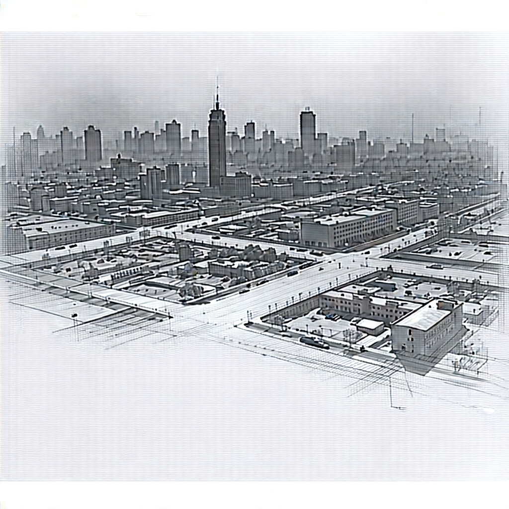 Urban Pencil Sketch: Aerial View Of Urban Renewal Area With Black White