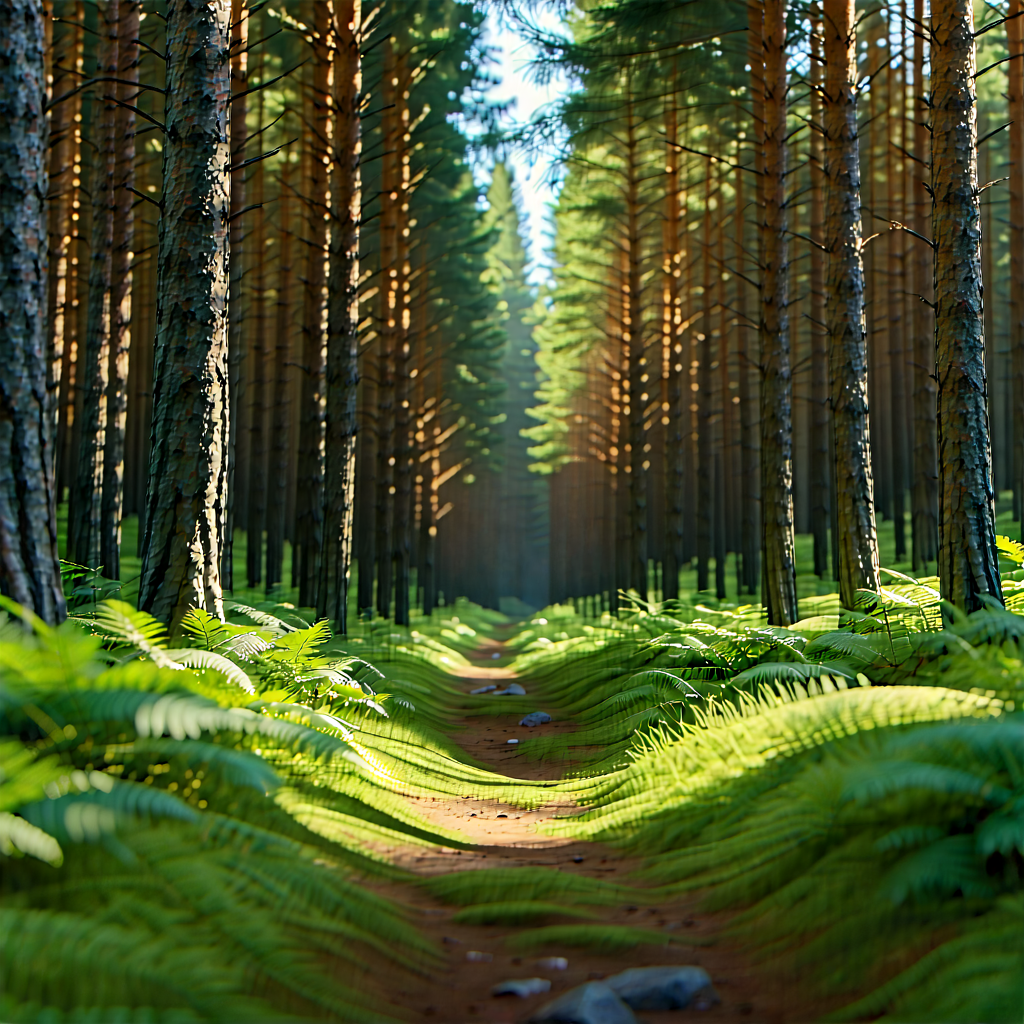 Nature Product Photography: Path Through Pine Forest With Lush Green
