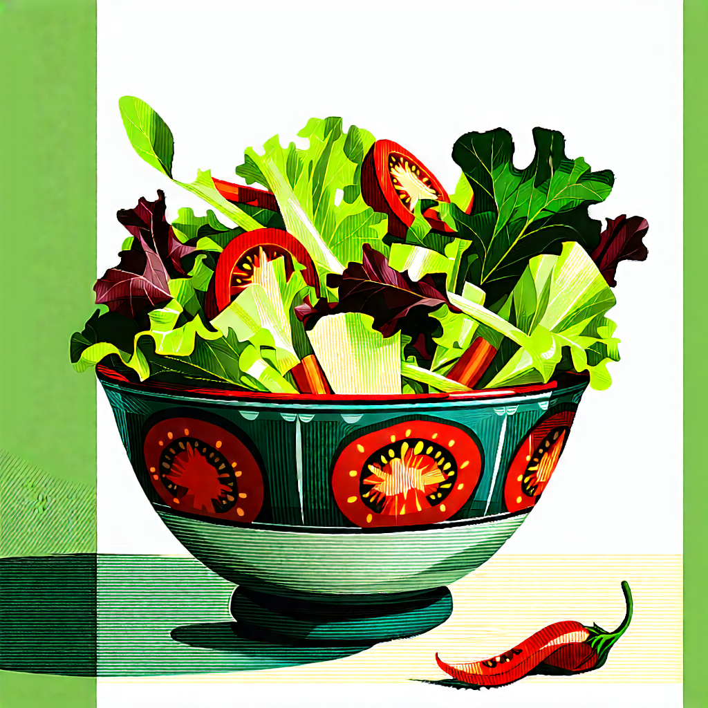 Lifestyle Linocut Print: Fresh Salad Prepared With Seasonal Produce With Large Bowl